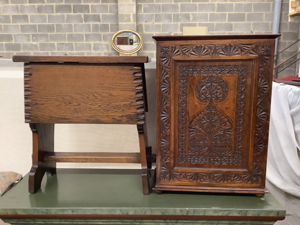A carved spinning stool, a chip carved cupboard and two further stools